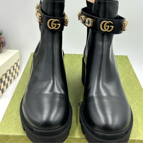 Women’s Gucci, black heel trip embellished Chelsea boots size 42 made in Italy - Picture 9 of 11